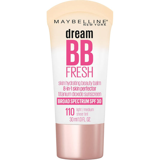 Maybelline Dream Fresh Skin Hydrating BB Cream, 8-In-1 Skin Perfecting Beauty Balm with Broad Spectrum SPF 30, Sheer Tint Coverage, Oil-Free, Light/Medium, 1 Fl Oz